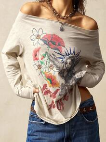 Bohemela Women's Casual Floral & Portrait Off-Shoulder Long Sleeve T-Shirt, Autumn - Blue - View 5