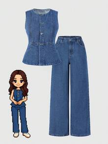 SHEIN Teen Girls Denim Vest & Wide Leg Jeans Set, New Season Simple And Elegant Personalized Retro Fashion Street Style Photography Recommendation! Unique Sleeveless Top Design + Single-Breasted Placket, Simple And Generous, Easy To Wear And Take Off, Pants With Regular Waist + Elastic + Button + Zipper Design, Convenient To Wear, Loose Straight Leg Style Design