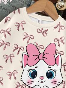 SHEIN Happikins Young Girls Cream White, Cute Leopard Bow, Cartoon Cat Heart Print Loose Fit Casual Comfortable Round Neck Long Sleeve Sweatshirt, Suitable For Daily Wear, Christmas, Street Style, Home, Vacation, Cozy Season, Autumn & Winter Outfits , Easy Comfort, Autumn & Winter Layers For Girls, Stylish Girls, Casual Wear, Kids Graphic Clothes, Fall & Winter Clothes, Chic Autumn, Fall New Style, Homecoming - Multicolor - View 5