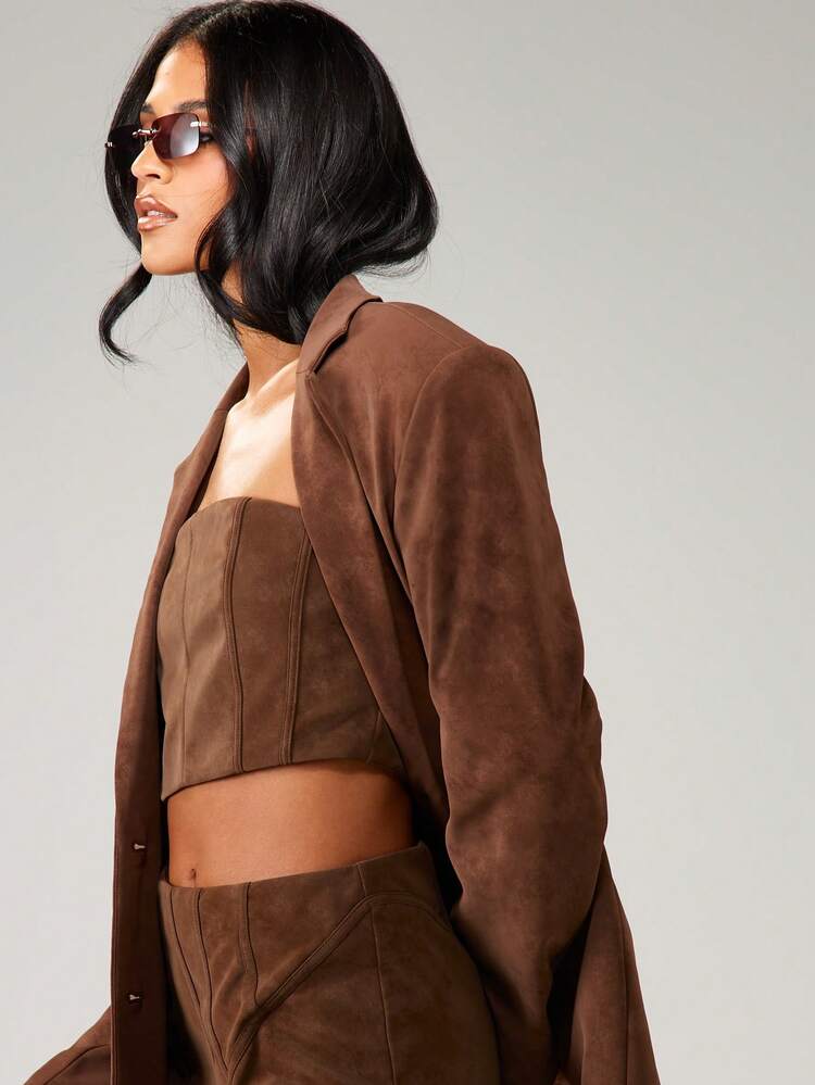 MISSGUIDED Suede Bandeau Corset Top With Vertical Seams