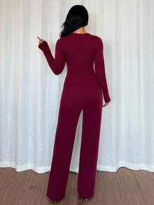 Chiquease 2件套女士百搭简约时尚通勤针织毛衣套装2件套休闲套装女士舒适两件套正式套装 - 酒紅色 - 查看 2