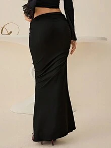 Lyxana Elegant Black Asymmetric Design Drawstring Metal Decor Oblique Waist Bodycon Fishtail Maxi Skirt For Women,Autumn Night Wedding Party Banquet - Black - View 2