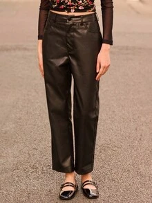 lacRébo Black Faux Leather Straight Leg Trouser With Pockets Spring Summer Spring Women Clothes Spring Summer Premium Trouser - Black - View 1