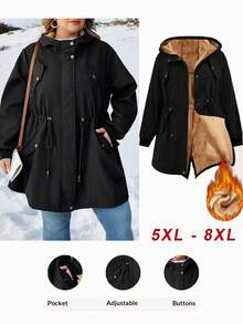 SHEIN CURVE+ 秋冬大码女式抽绳腰休闲宽松连帽大衣，长袖冬季大衣，适合新年、感恩节 - 黑色 - 查看 1