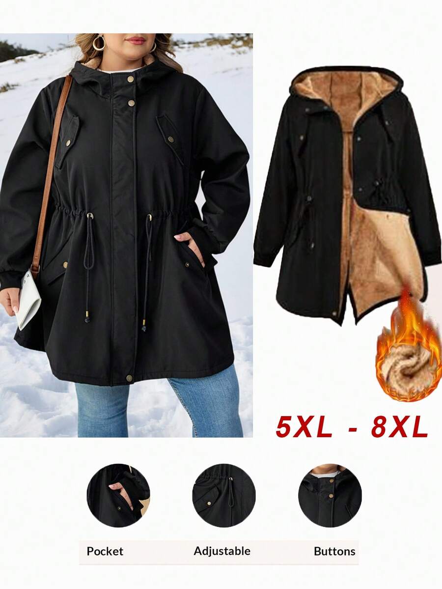 SHEIN CURVE+ 秋冬大码女式抽绳腰休闲宽松连帽大衣，长袖冬季大衣，适合新年、感恩节 - 黑色 - 查看 1