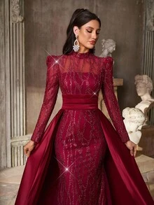 Aureia 优雅奢华酒红色亮片刺绣缎面立领长袖透明超长正式晚礼服 - 酒紅色 - 查看 2