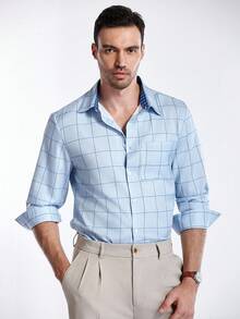 Manfinity CityGents Camisa casual de manga larga con bolsillo y cierre de un solo abotonadura a cuadros para hombres, camisa azul casual para hombres, otoño