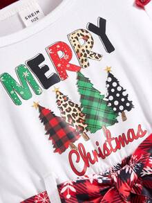 Young Girls Christmas Dress, MERRY CHRISTMAS Heat Transfer Print, Ruffle Sleeve Decor, Snowflake & Red Plaid Print Dress, Comfortable Casual For Little Girls