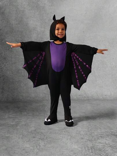 SUMWON Halloween Bat Costume For Kids Black Wing Jumpsuit With Purple Accents Holiday Party Dress Up Character Costume For Boys