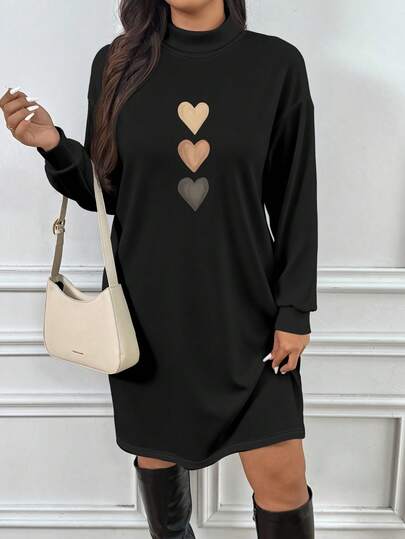 SHEIN Frenchy 感恩节休闲彩色心形印花大码女式黑色高领长袖连衣裙，秋冬，黑色迷你连衣裙