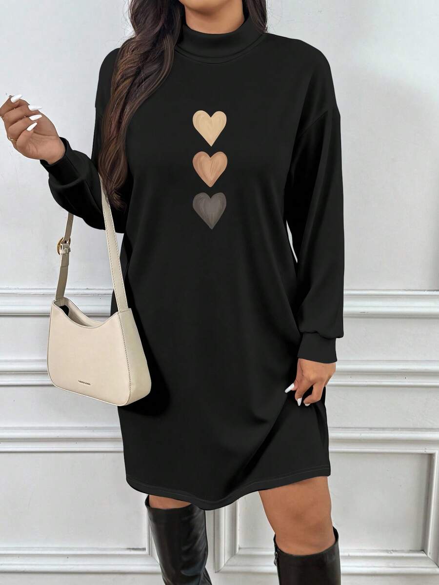 SHEIN Frenchy 感恩节休闲彩色心形印花大码女式黑色高领长袖连衣裙，秋冬，黑色迷你连衣裙 - 彩色 - 查看 1
