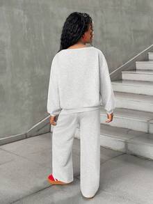 SHEIN 2pcs Tween Girls Numeric Print Loose Knit Sweatshirt Set, Casual Daily Versatile Fashion Mommy And Me Matching Outfits (2 Pieces Sold Separately) - Light Grey - View 2