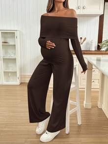 SHEIN 2pcs Maternity Set: Solid Color Fitted Long Sleeve Top And Wide Leg Pants - Brown - View 5