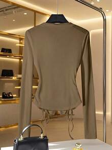 Franclia Áo thun nữ tay dài màu trắng cổ bẻ lệch màu thời trang kiểu Pháp sang trọng, khóa kéo kim loại, màu trắng, mùa xuân/thu - Màu Khaki - Xem 2