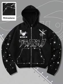 ROMWE MEN Black Jack X ROMWE Men's Black Rhinestone Embellished Zip Up Hooded Sweatshirt, Suitable For Everyday Wear, Autumn/Winter - Black - View 4