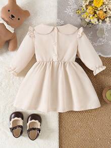 SHEIN 1 pieza Vestido beige dulce para niñas con cuello oversize, decoración de oso y lazo, vestido de princesa de manga larga, otoño/invierno