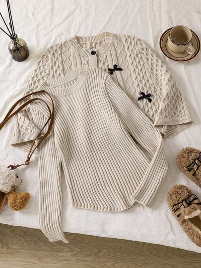 2pcs Knitted Set For Teenage Girls, Solid Color Round Neck Bow Decor Knitted Cardigan, Cable Knit Poncho Sweater And Long Sleeve Knit Top, Elegant Long Sleeve Cardigan Outerwear For Autumn/Winter