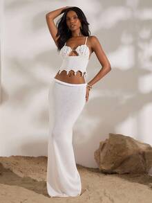 Opulessa 2件套女士时尚性感串珠镂空针织吊带背心和迷你裙套装 - 白色 - 查看 3