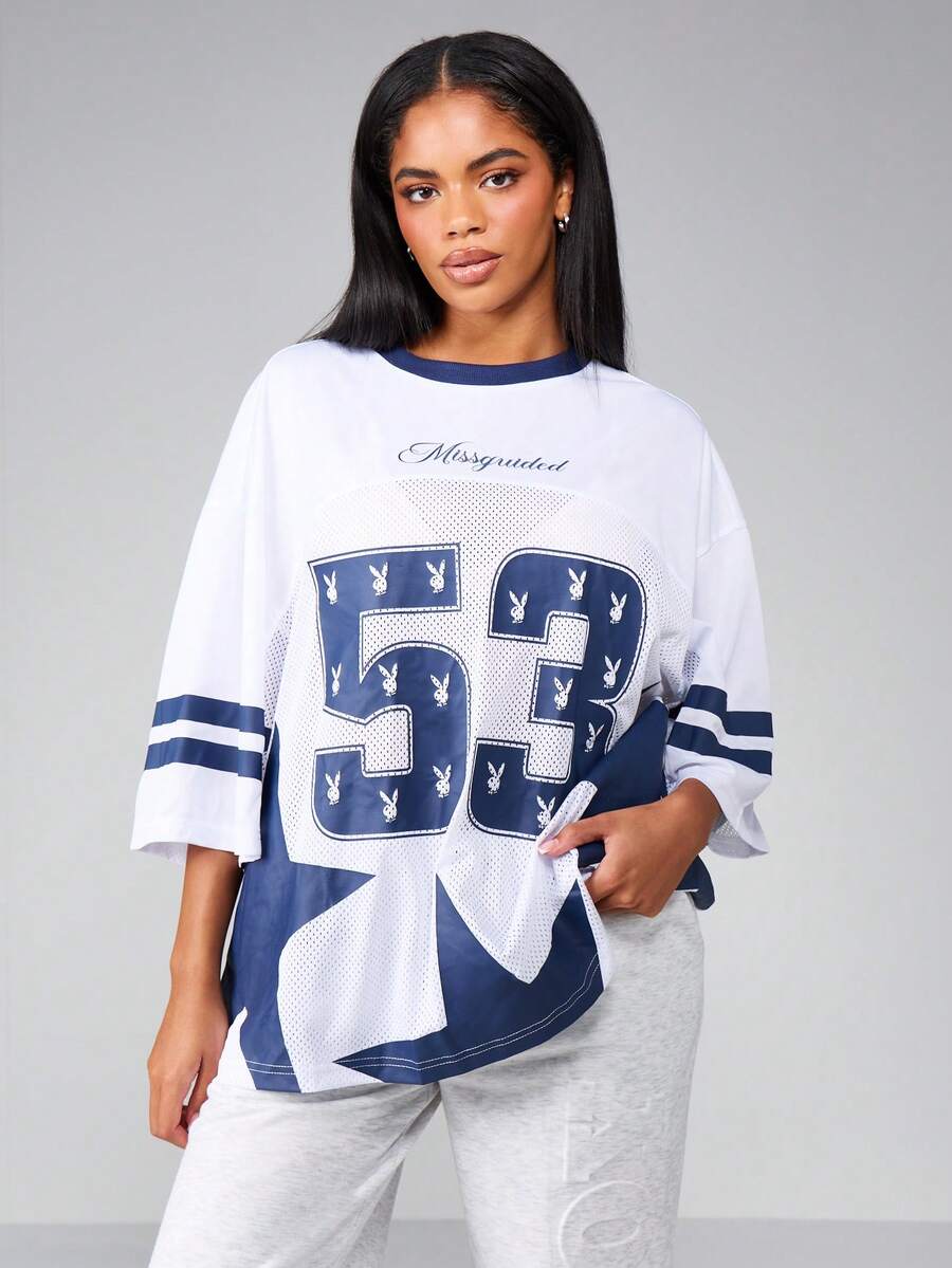 Missguided x Playboy Varsity Style Oversized Jersey Top With Graphic Print Numbers Side Stripe Detail University Casual Streetwear Baseball Tee Retro Athletic Look Autumn Winter