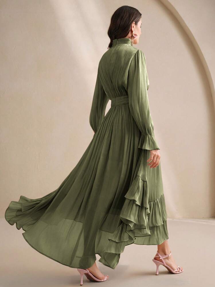 New Elegant Vintage Solid Color Asymmetrical Ruffle Hem Flare Sleeve Maxi Dress, Suitable For Fall, Winter, New Year, Party, Wedding, Elegant, Chic, Stylish, Evening Dress