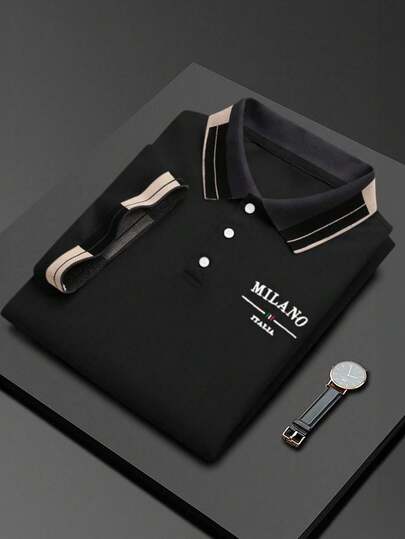 Manfinity Mode Men's Beaded Embroidery Ribbed Collar Short Sleeve Casual Polo Shirt Golf Shirt For Men Black Collar Shirt Polo Shirts For Men Collar Milano Men Shirts Black Polo Shirt For Men