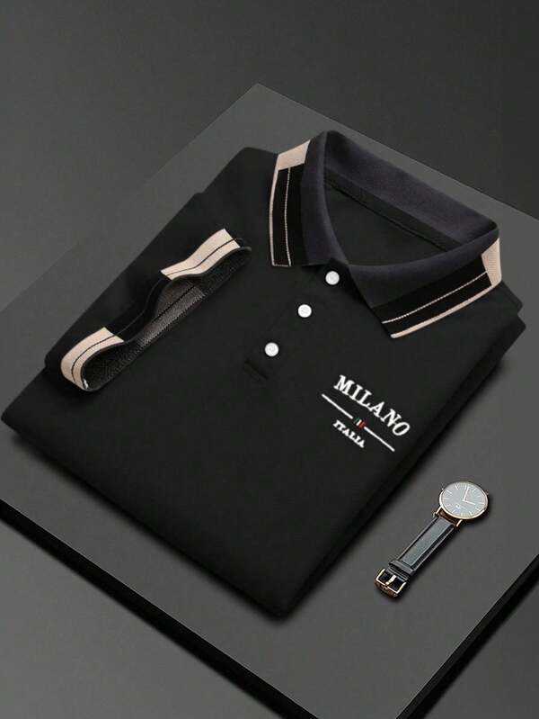 Manfinity Bizformal Camisa polo casual de manga corta con cuello acanalado, bordado con cuentas para hombre