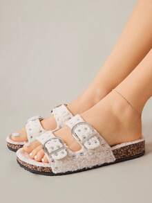 Solecia Fashionable Metal Buckle Mule Slippers With Thick Sole, Suitable For Commuting, Dating, Party, Shopping, Campus, Vacation - White - View 1