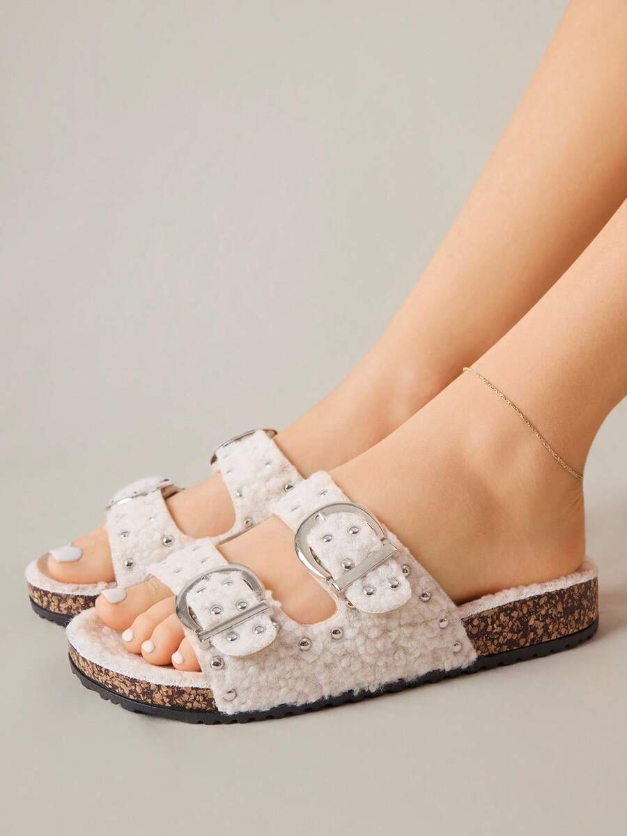Solecia Fashionable Metal Buckle Mule Slippers With Thick Sole, Suitable For Commuting, Dating, Party, Shopping, Campus, Vacation - White - View 1