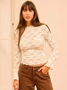 lacRébo Cream Romantic Vintage Lace Long Sleeve High Neck Top With Scallop Edge Detail Fall Women Clothes Autumn Outfits Fall Women Clothes Autumn Winter Lace Top Going Out Top
