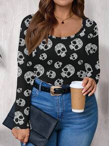 EMERY ROSE Áo thun cổ tròn tay dài in hình đầu lâu tối giản phong cách Halloween thường ngày cỡ lớn dành cho nữ, mùa thu/xuân, trang phục Halloween, quần áo Halloween cỡ lớn mùa thu dành cho nữ - Nhiều màu - Xem 1
