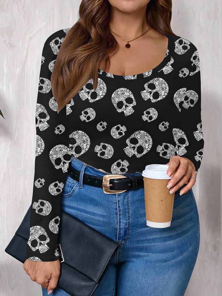 EMERY ROSE Áo thun cổ tròn tay dài in hình đầu lâu tối giản phong cách Halloween thường ngày cỡ lớn dành cho nữ, mùa thu/xuân, trang phục Halloween, quần áo Halloween cỡ lớn mùa thu dành cho nữ - Nhiều màu - Xem 1