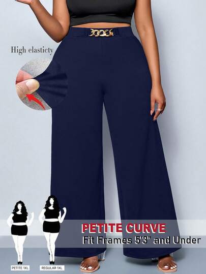 SHEIN PETITE Plus Size Women's Solid Color Belt Metal Buckle Detail Wide Leg Pants, Tall Pants, Four Seasons Style, Party, Concert, Commuting Daily Style, Music Festival, Romance, Valentine's Day, Vacation, Spring And Summer Loose Pants Fall Cloth For Women