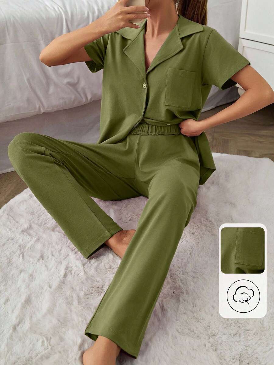 COTTON Women 2 Pcs Button Front With Pocket Detail Solid Coloue Homewear PJ Set - Green - View 1