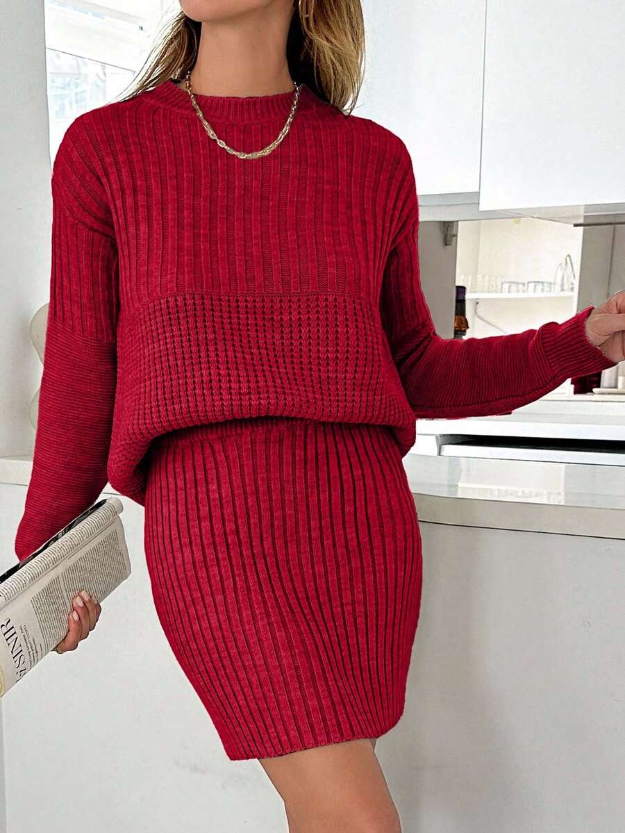 EURMUSE Casual Rib Knit Sweater & Mini Rib Knit Sweater Skirt Co-Ords - Red - View 1