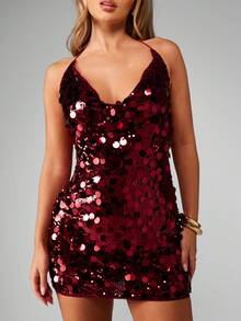 MISSGUIDED 亮片吊带迷你连衣裙，露背设计，适合派对、晚宴、夜店、节日、新年夜、婚礼等场合，闪亮紧身，正式场合穿着。 - 酒紅色 - 查看 5