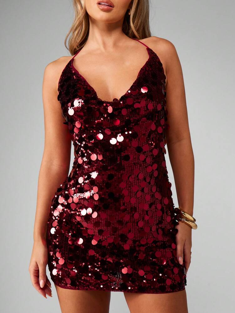 MISSGUIDED Sequin Halter Neck Mini Dress Backless Party Evening Club Night Out Holiday New Years Eve Wedding Guest Sparkly Bodycon Formal