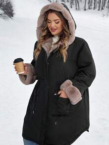 SHEIN CURVE+ Áo khoác mùa đông dài tay có khóa kéo phía trước, mũ trùm đầu giả nhiệt cỡ lớn cho nữ - Nhiều màu - Xem 8