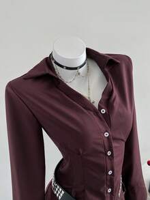 SHEIN Unity 女式纯色前扣长袖休闲衬衫