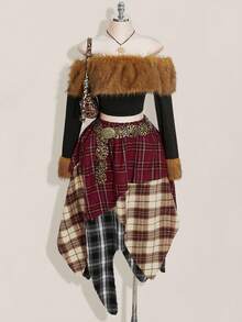 SHEIN ICON 女士加大码性感大胆前卫时尚个性化千禧风格Y2K返校季复古格子拼接不对称下摆松紧腰多层半身裙 - 彩色 - 查看 3