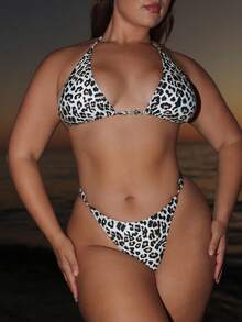 Nezia Cruz 女士豹纹吊带前系带性感比基尼泳装套装，夏季海滩 - 彩色 - 查看 3