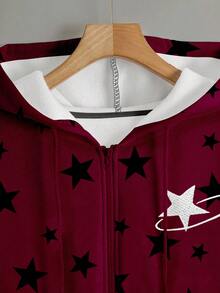 INAWLY Sudadera con capucha para mujer, elegante y versátil, con diseño bordado de estrella y pentagrama, adecuada para ropa exterior, campamento, otoño/invierno, vuelta al colegio, graduación, atuendo de maestro