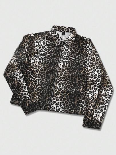Street Life Unisex Street Style Leopard Print Textured Jacket, Grunge, Fall
