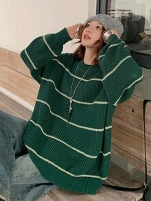 DAZY 女式条纹宽松圆领休闲毛衣 - 墨綠色 - 查看 5