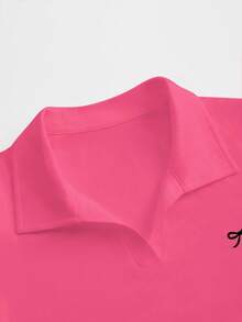SHEIN EZwear 女式粉色半拉链短袖休闲蝴蝶图案时尚T恤，夏季 - 玫紅色 - 查看 3