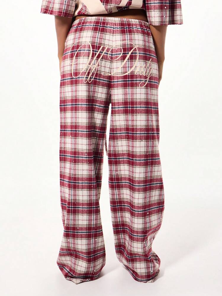 SUMWON WOMEN ドローストリングとロゴプリントのワイドレッグチェックパンツ