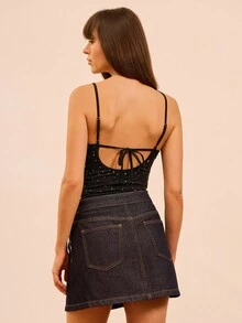 lacRébo 黑色钻石装饰方领连体衣，露背系带设计，适合秋冬季派对晚会