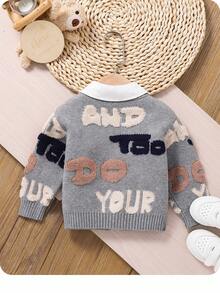 SHEIN Baby Boy/Girl Minimalist Letter Pattern Knit Soft V-Neck Long Sleeve Cardigan Sweater, Casual & Fashionable For Indoor & Outdoor, Autumn/Winter - Light Grey - View 2