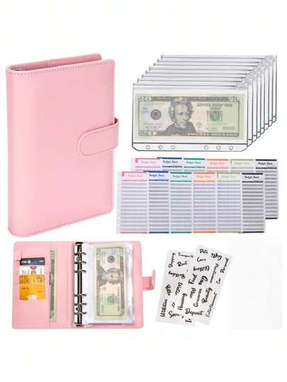 1个马卡龙色PU皮革活页夹现金预算账簿创意笔记本拉链袋预算资金整理器现金信封皮革预算活页夹带拉链信封最佳礼物