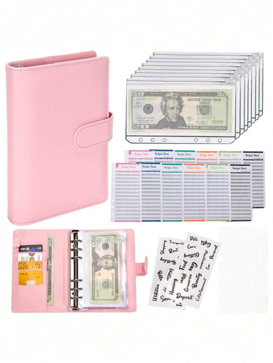 1个马卡龙色PU皮革活页夹现金预算账簿创意笔记本拉链袋预算资金整理器现金信封皮革预算活页夹带拉链信封最佳礼物