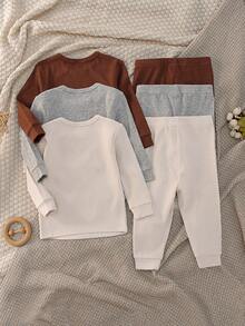 Loomiva 6 pièces Ensemble de pyjama ajusté pour bébé garçon, Top à col ras du cou en tricot de couleur unie doux et pantalon long à taille élastique - Multicolore - Voir 6